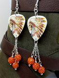 Skull with Native American with Headdress Guitar Pick Earrings with Orange Pave Bead Dangles