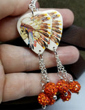 Skull with Native American with Headdress Guitar Pick Earrings with Orange Pave Bead Dangles