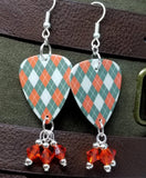 Gray and Orange Argyle Guitar Pick Earrings with Hyacinth Orange Swarovski Crystal Dangles