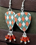 Gray and Orange Argyle Guitar Pick Earrings with Hyacinth Orange Swarovski Crystal Dangles