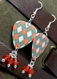 Gray and Orange Argyle Guitar Pick Earrings with Hyacinth Orange Swarovski Crystal Dangles