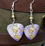 Purple Flowered Origami Paper Style Guitar Pick Earrings with Gold Swarovski Crystals