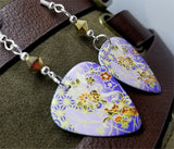 Purple Flowered Origami Paper Style Guitar Pick Earrings with Gold Swarovski Crystals