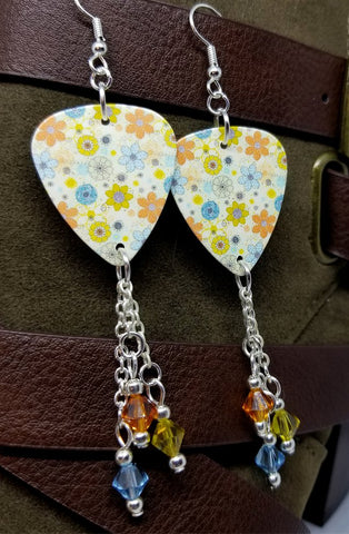Green, Blue and Orange Flowered Guitar Pick Earrings with Swarovski Crystal Dangles