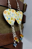 Green, Blue and Orange Flowered Guitar Pick Earrings with Swarovski Crystal Dangles