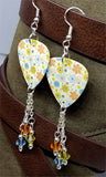 Green, Blue and Orange Flowered Guitar Pick Earrings with Swarovski Crystal Dangles