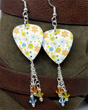 Green, Blue and Orange Flowered Guitar Pick Earrings with Swarovski Crystal Dangles