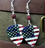 Distressed American Flag Guitar Pick Earrings with Red Pave Beads