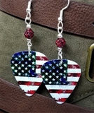 Distressed American Flag Guitar Pick Earrings with Red Pave Beads