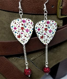 Flower Doodles Guitar Pick Earrings with Red Pave Bead Dangles