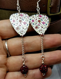 Flower Doodles Guitar Pick Earrings with Red Pave Bead Dangles