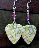 Flowered Green and Pink Guitar Pick Earrings with Pink Swarovski Crystals