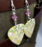 Flowered Green and Pink Guitar Pick Earrings with Pink Swarovski Crystals