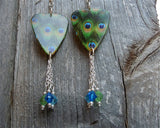 Peacock Guitar Pick Earrings with Blue, Green and Aqua Swarovski Crystal Dangles