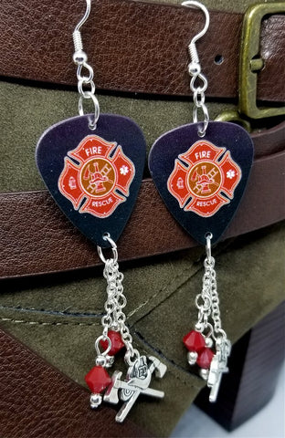 Fire Department Shield Charm Guitar Pick Earrings with Charms and Red Swarovski Crystal Dangles