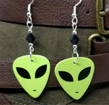 Alien Green Face Guitar Pick Earrings with Black Swarovski Crystals