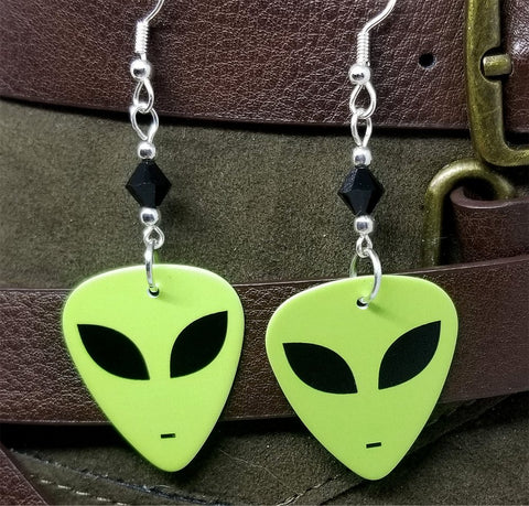 Alien Green Face Guitar Pick Earrings with Black Swarovski Crystals