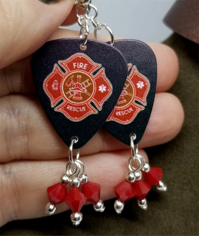 Fire Department Shield Charm Guitar Pick Earrings with Red Swarovski Crystal Dangles