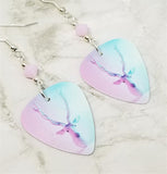 Stag on Pink and Blue Guitar Pick Earrings with Pink Alabaster Swarovski Crystals