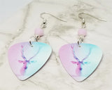 Stag on Pink and Blue Guitar Pick Earrings with Pink Alabaster Swarovski Crystals