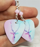 Stag on Pink and Blue Guitar Pick Earrings with Pink Alabaster Swarovski Crystals