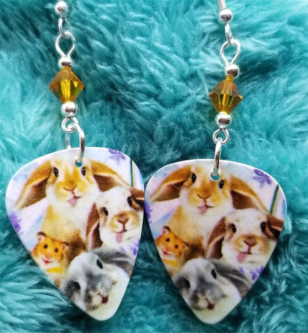 Bunny and Hamster Selfie Guitar Pick Earrings with Topaz Swarovski Crystals