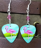 Pink Flamingo Guitar Pick Earrings with Pink Swarovski Crystals