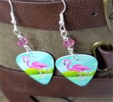 Pink Flamingo Guitar Pick Earrings with Pink Swarovski Crystals