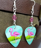 Pink Flamingo Guitar Pick Earrings with Pink Swarovski Crystals