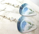 White Pegasus in the Clouds Guitar Pick Earrings with Opal Swarovski Crystals