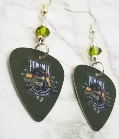 POW MIA Over a Motorcycle on Green Guitar Pick Earrings with Green Swarovski Crystals