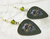 POW MIA Over a Motorcycle on Green Guitar Pick Earrings with Green Swarovski Crystals