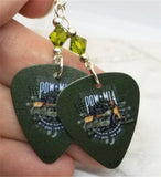 POW MIA Over a Motorcycle on Green Guitar Pick Earrings with Green Swarovski Crystals
