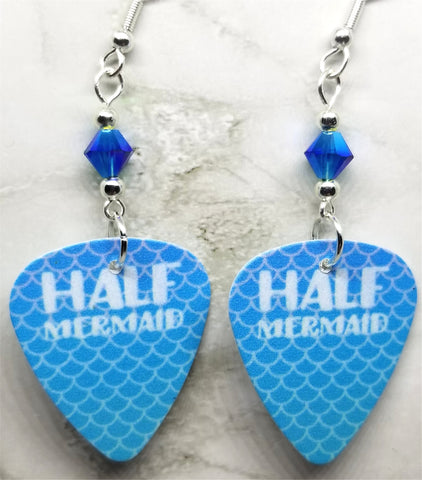 Half Mermaid Guitar Pick Earrings with Blue ABx2 Swarovski Crystals
