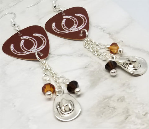 Horseshoe Guitar Pick Earrings with Cowboy Hat Charm and Swarovski Crystal Dangles