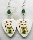 Lucky Cat Guitar Pick Earrings with Green Swarovski Crystals