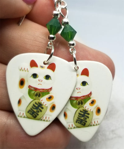 Lucky Cat Guitar Pick Earrings with Green Swarovski Crystals