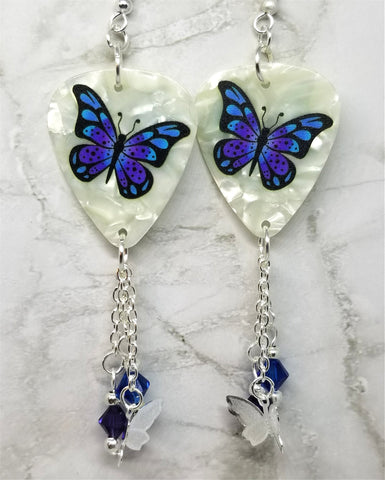 Blue and Purple Butterfly Guitar Pick Earrings with Charm and Swarovski Crystal Dangles