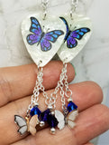 Blue and Purple Butterfly Guitar Pick Earrings with Charm and Swarovski Crystal Dangles