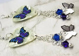 Blue and Purple Butterfly Guitar Pick Earrings with Charm and Swarovski Crystal Dangles