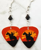 Cowboy on a Horse Guitar Pick Earrings with Black Swarovski Crystals