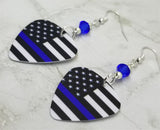American Flag with Blue Line Police Support Guitar Pick Earrings with Blue Swarovski Crystals