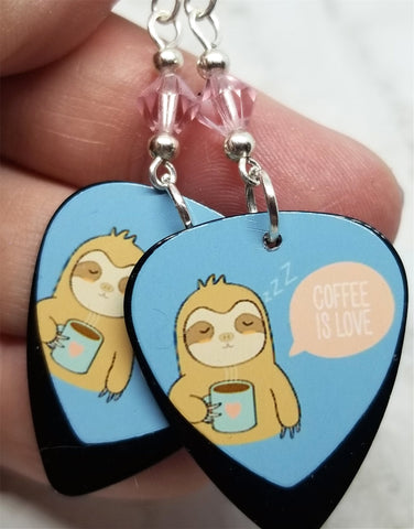 Sloth with Coffee Guitar Pick Earrings with Pink Swarovski Crystals