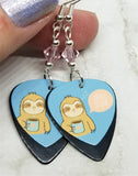 Sloth with Coffee Guitar Pick Earrings with Pink Swarovski Crystals