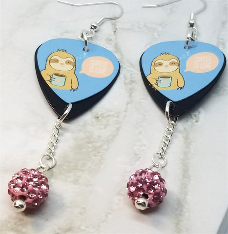Sloth with Coffee Guitar Pick Earrings with Pink Pave Bead Dangles