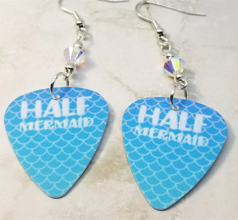 Half Mermaid Guitar Pick Earrings with Clear ABx2 Swarovski Crystals