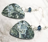 Blue Flowery Pattern Guitar Pick Earrings with Blue Swarovski Crystals