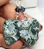Blue Flowery Pattern Guitar Pick Earrings with Blue Swarovski Crystals