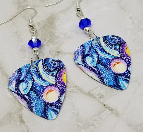 Blue Abstract Pattern Guitar Pick Earrings with Blue Swarovski Crystals