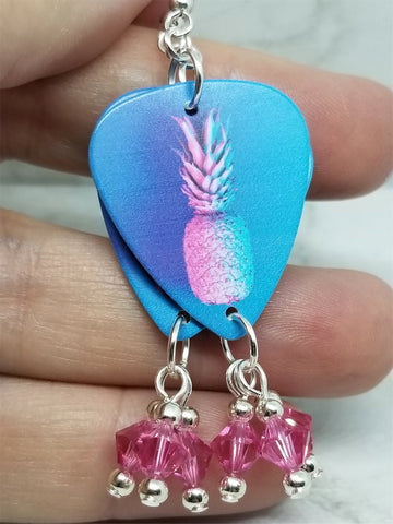 Blue and Pink Pineapple Guitar Pick Earrings with Pink Swarovski Crystal Dangles